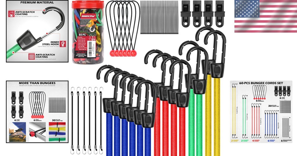 Multi-Purpose Bungee Cords - 60 Assorted Cords for Cargo & Outdoor Tasks