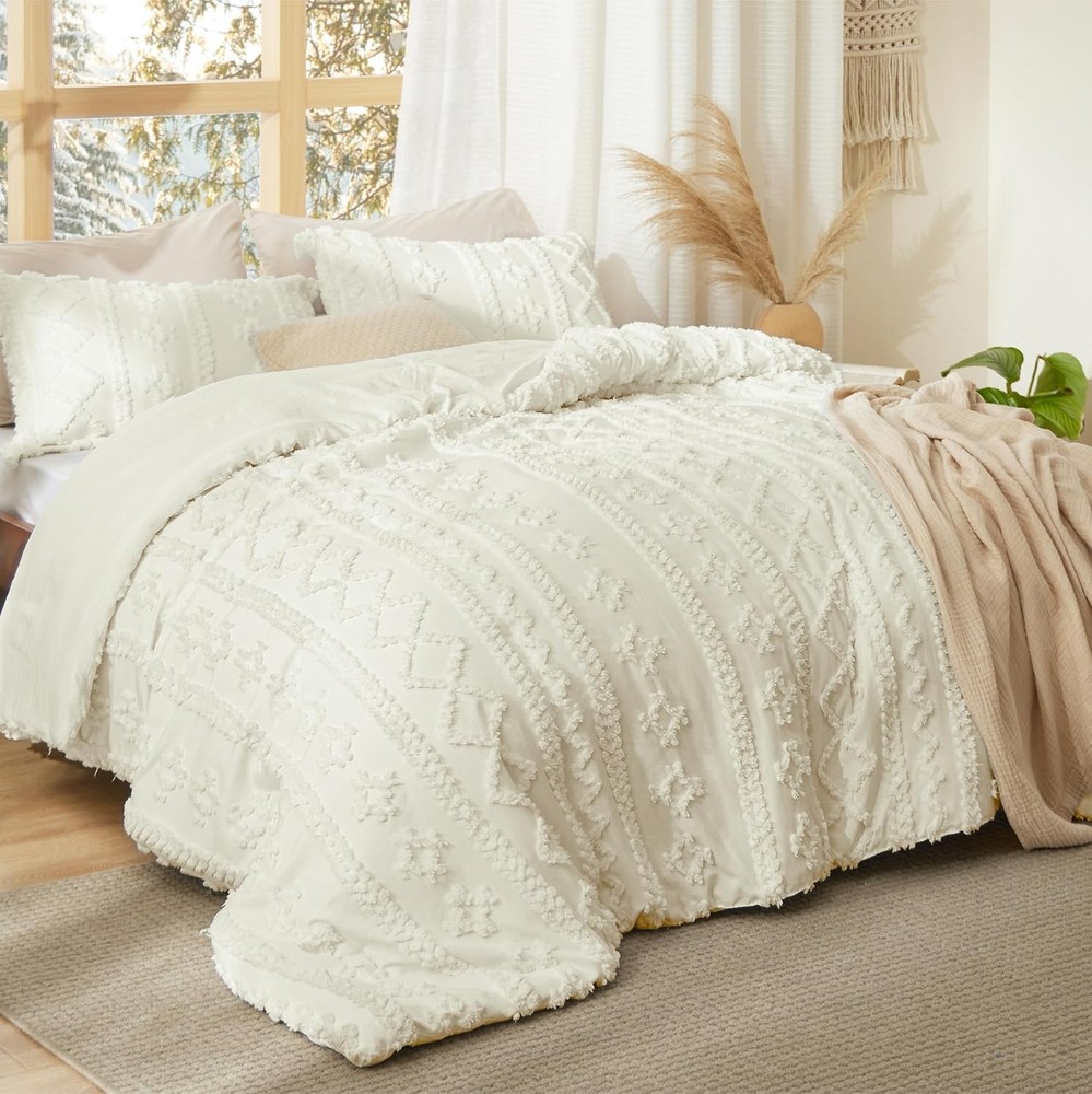 Tufted Boho Comforter Set King Size Ivory Boho Bed Set 3 Pcs