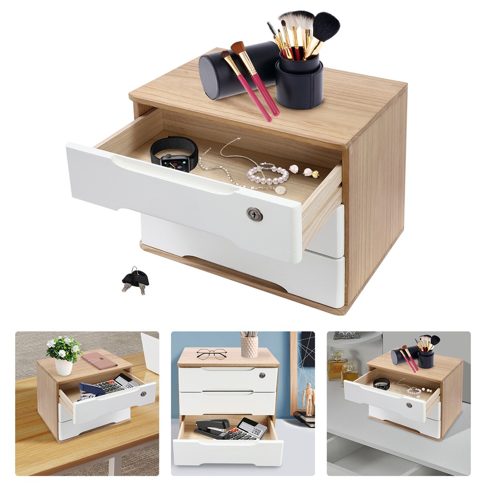Wooden 3-Tier Desktop Organizer with Locking Drawers for Efficient Storage