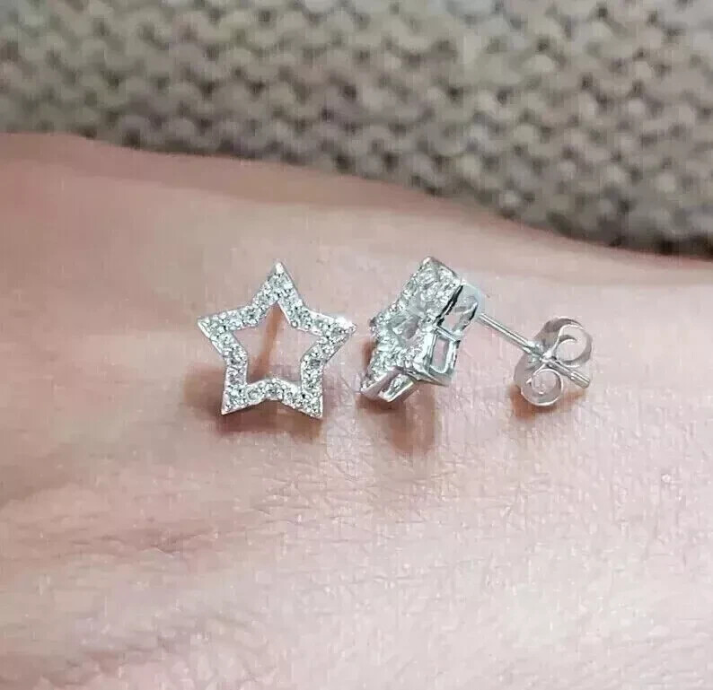 1.00Ct Round Cut Real Moissanite Star Stud Earrings Solid Sterling Silver Silver