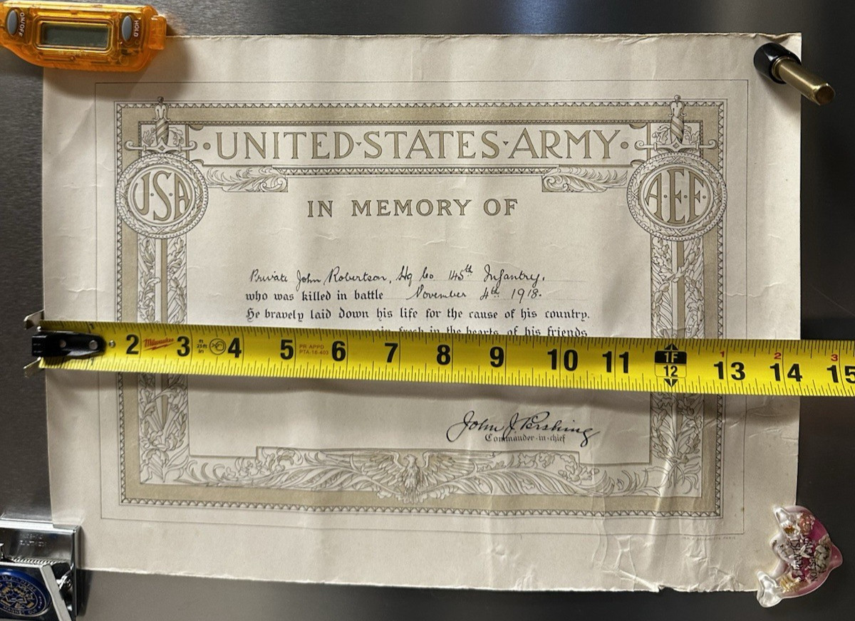 WWI KIA 6-Doc Set Pershing Hand Signed 145th Infantry Belgium 1918