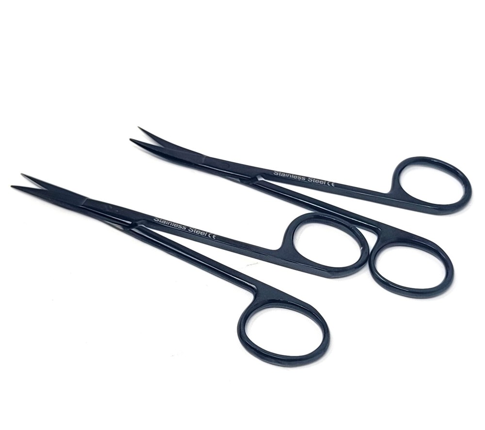 2Pcs Micro IRIS Dissecting Scissors STR + CRV Blades Full Black Shears - 4.5"