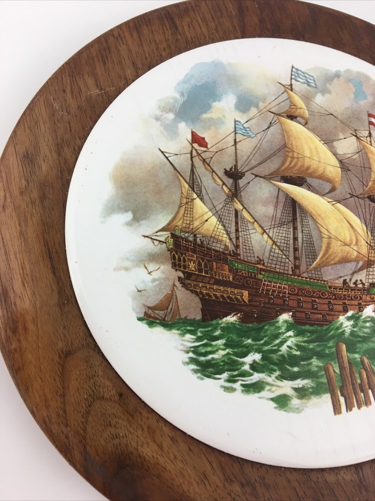 Wood Framed Ceramic Ship Sailing Boat Trivet