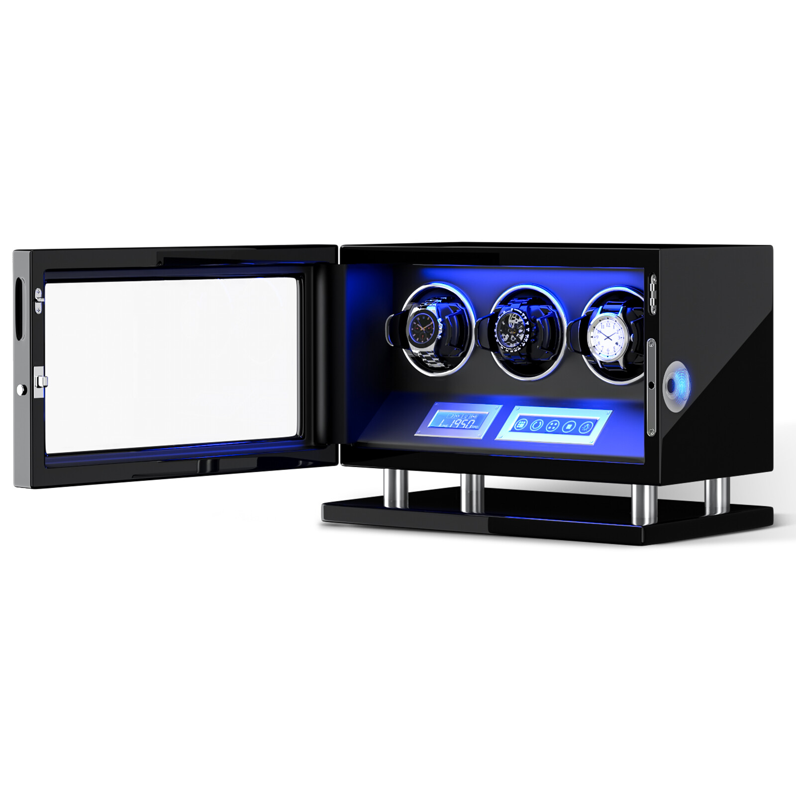 New Automatic 3 Watch Winder Fingerprint Unlock Display Watch Box LED LCD Touch