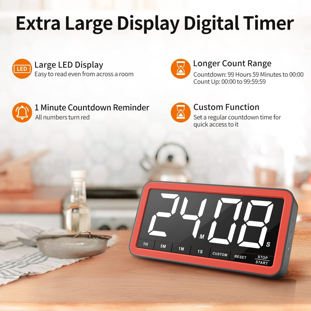 Digital Kitchen Timer with 7.8” Extra Large Display, Magnetic LED, with 3 Bright