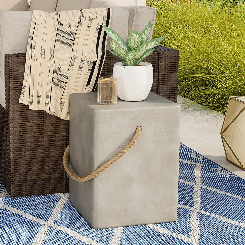 Concrete Side Table, Rectangular Outdoor Side Table W Hemp Rope Handles,15''Pati