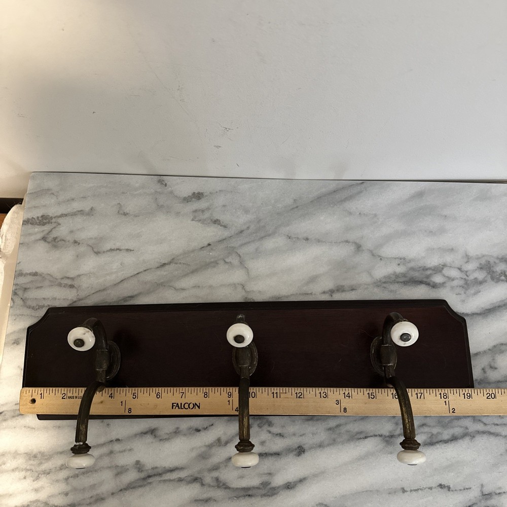 VTG Large Antique Solid Wood Wall Coat Hang Three Brass Hooks Porcelain Knobs