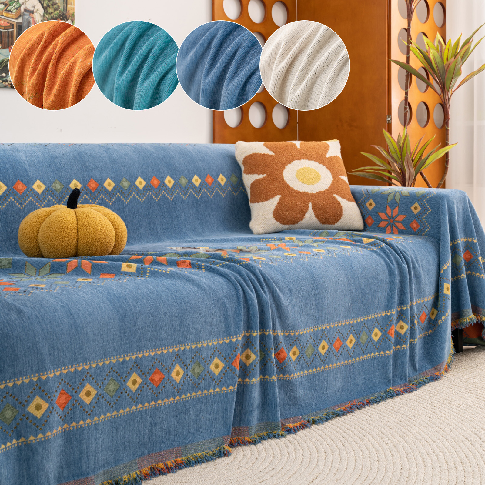 Chenille Boho Couch Cover Washable Jacquard Tassel Sofa Throw Scratch-Resistant