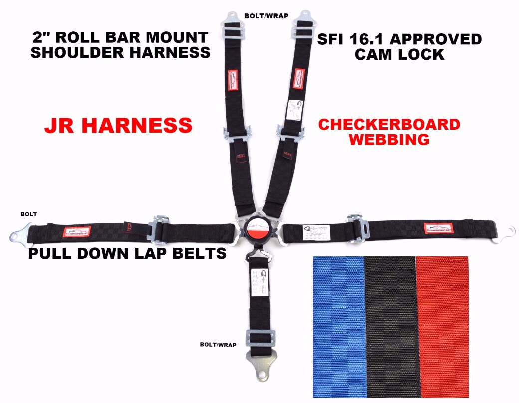 QUARTER MIDGET HARNESS 2" SFI 16.1 PULL DOWN BELT CAM LOCK BLACK CHECKERBOARD