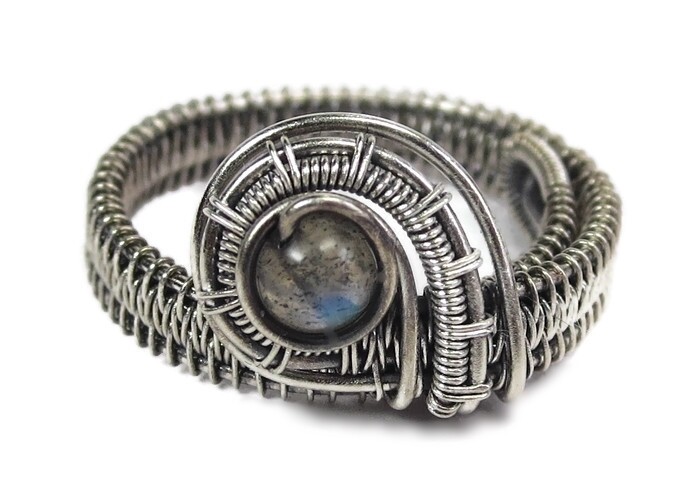 Labradorite Adjustable Ring, Woven in Sterling Silver Wire