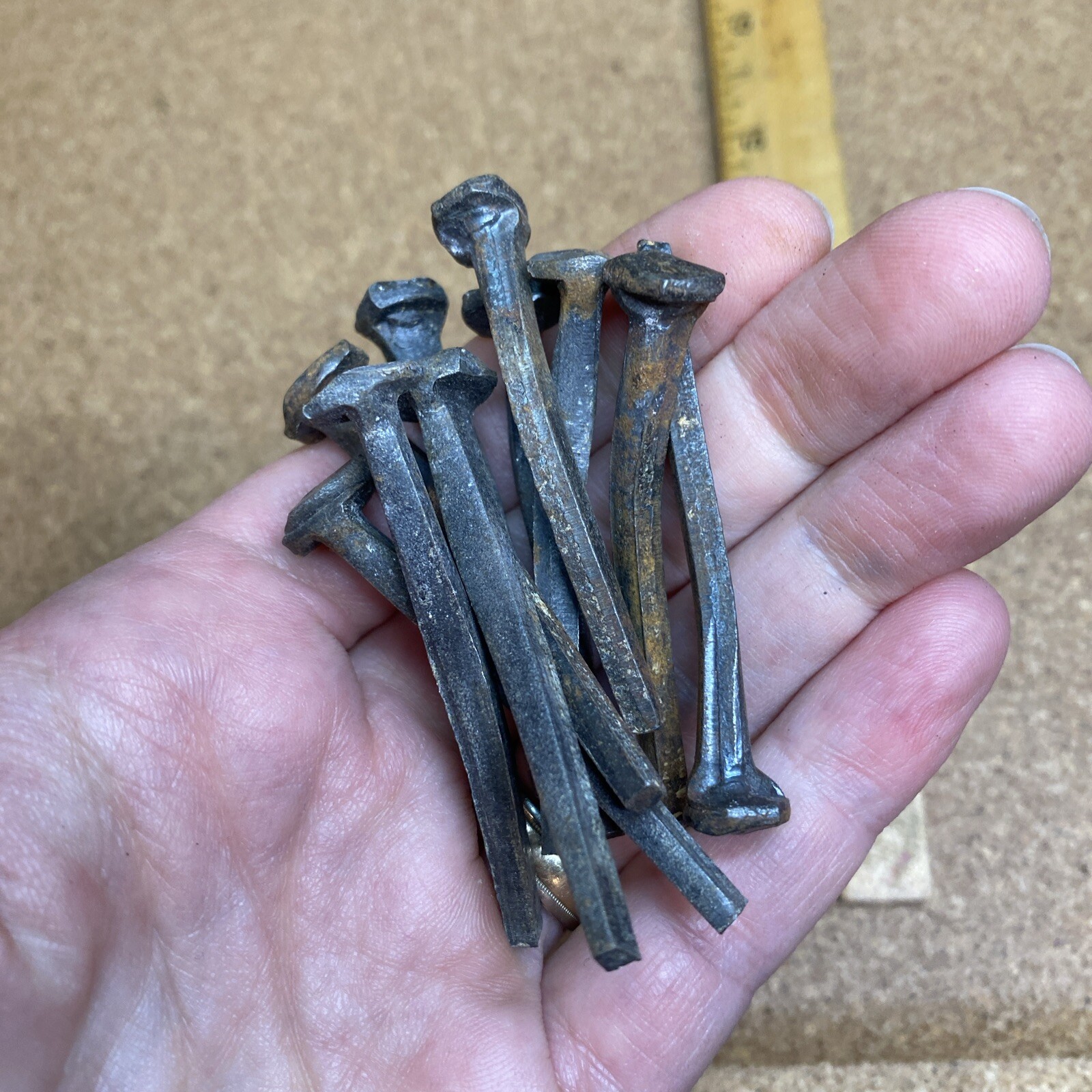 Lot of 10 Vintage Old Hand Cut 2” Square Head Nails, Rusty, craft Estate Find