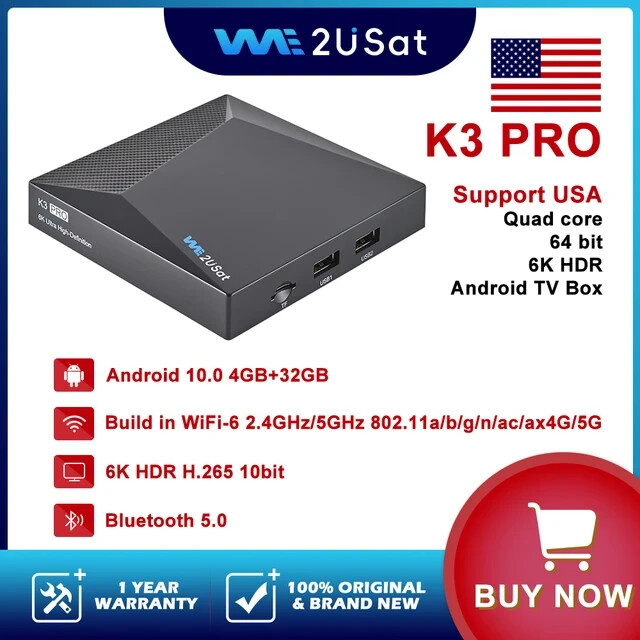 We2USat K3 PRO Android TV Box w/ Bluetooth Voice Remote & Wi-Fi 6