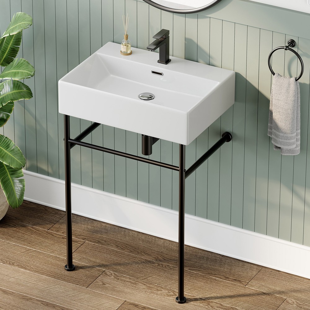 24 in Ceramic White Rectangular Bathroom Console Sink with Legs and Overflow