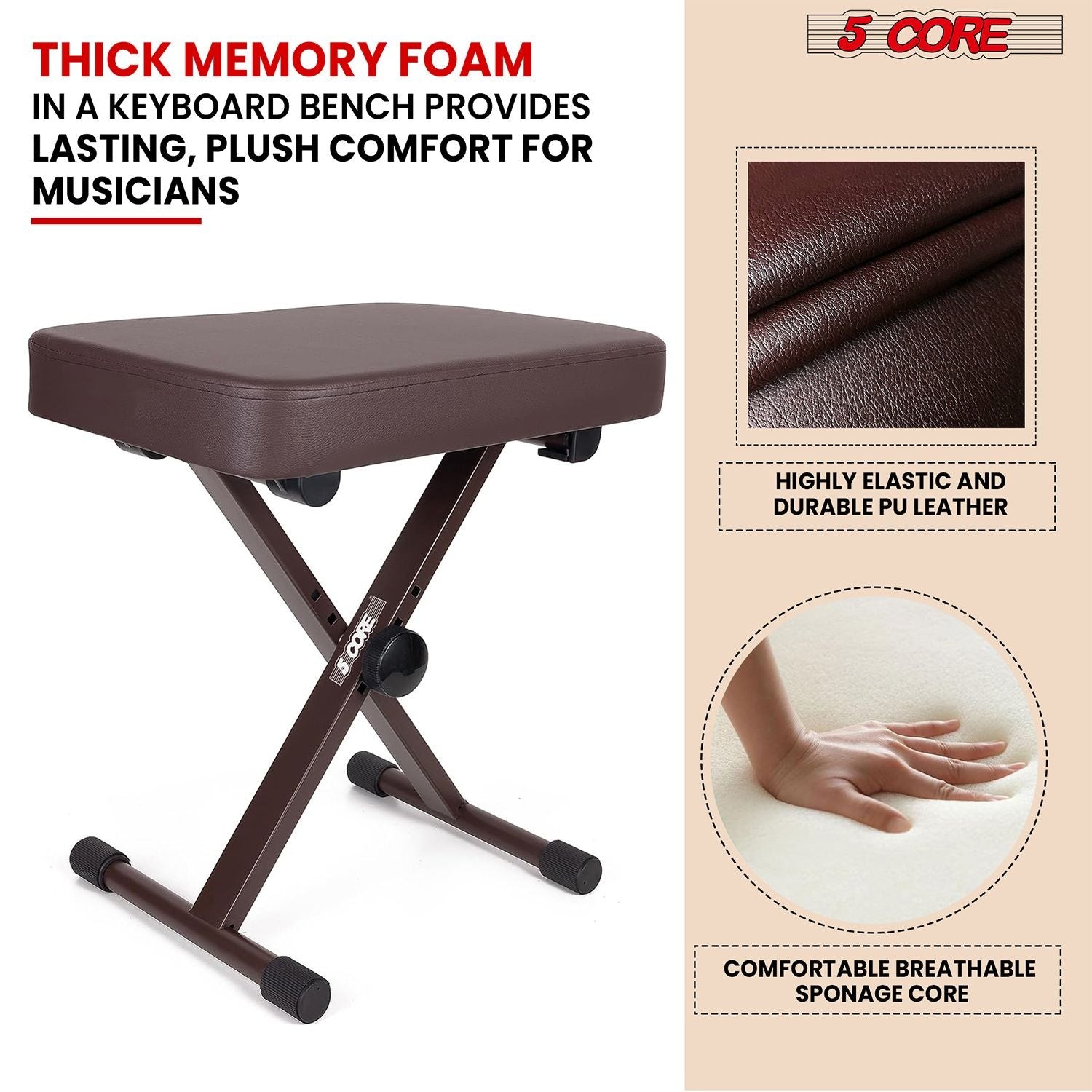 5 CORE Keyboard Bench X Style Piano Stool Thick Padded Max 20.5 inch Height Adju