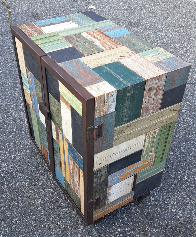 Rustic Patchwork Wood and Metal Cabinet