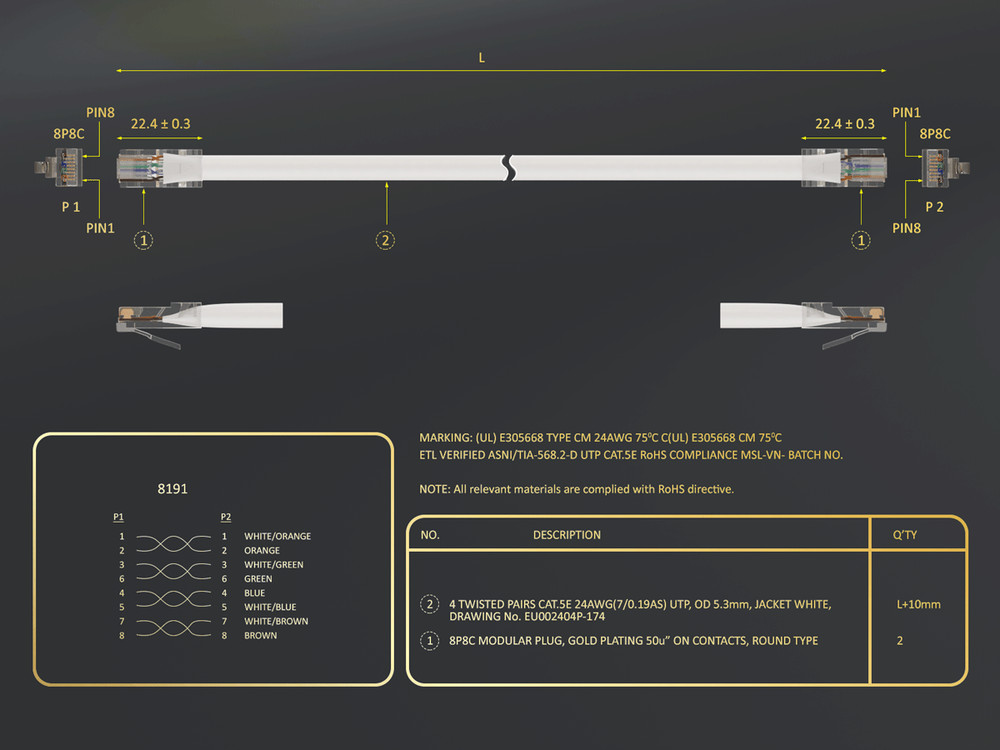 50ft Cat5e UTP Non-Booted Ethernet Network Patch Cable 24AWG Bare Copper, White