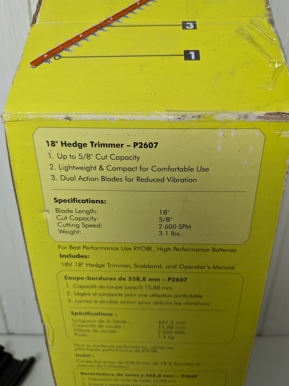 Ryobi ONE+ 18V Hedge Trimmer Dual-Action Blades 18" Battery Powered P2607, New