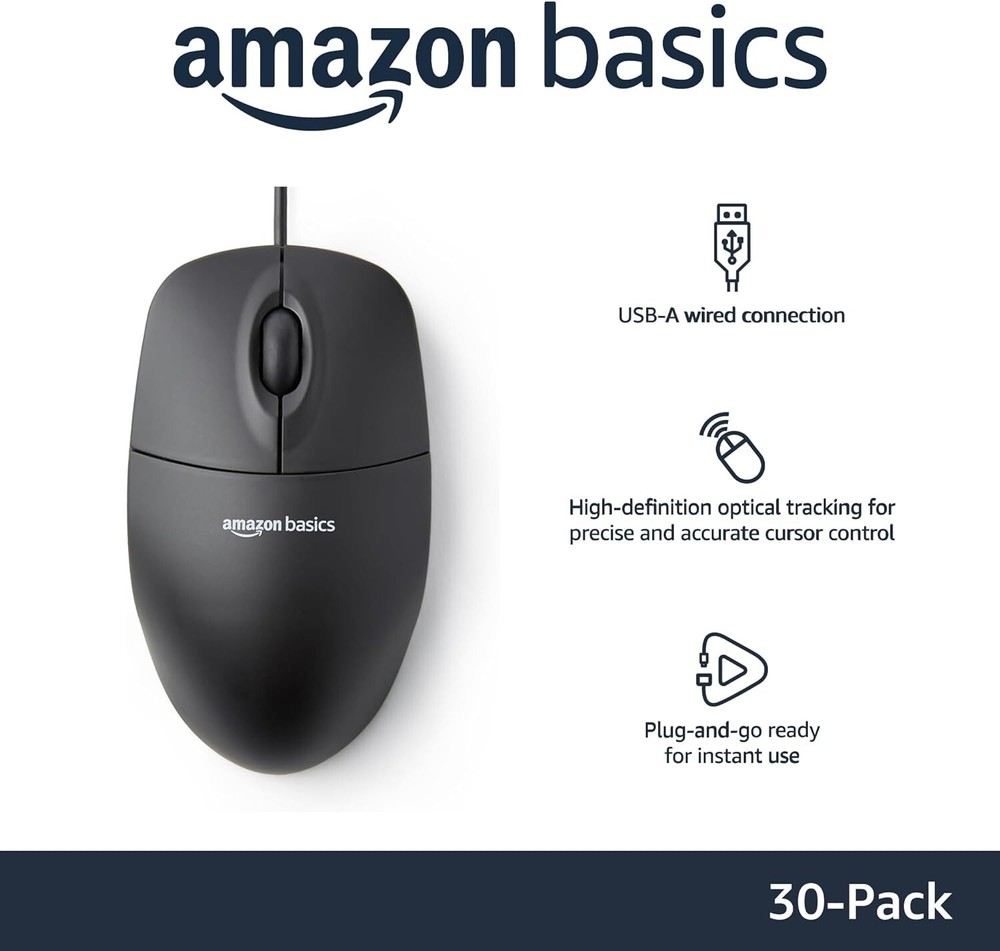 Pack of 30 x AMZ Basics 3-Button Wired USB Computer Mouse, Black
