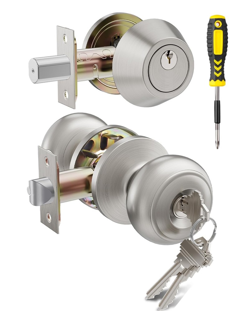 1 Set All Keyed Same Entry Door Knobs and Single 1 Pack, Satin Nickel