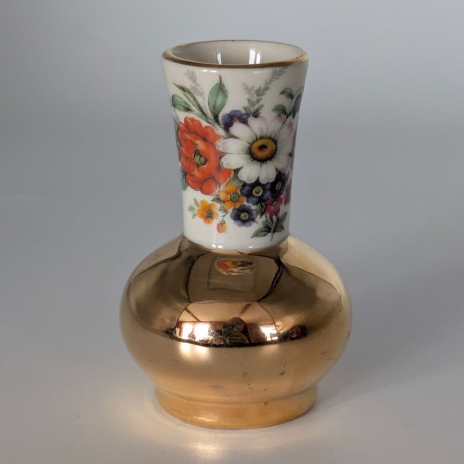 Braunton Studio Cecil Hodkinson Gold Ceramic Bud Vase Floral Pattern England