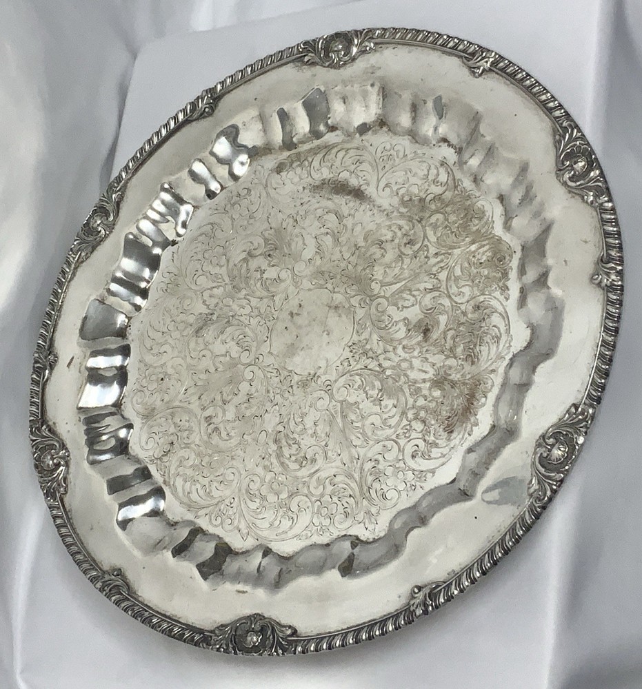 Vintage Coronet Silver on Copper 15-1/2" Round Ornate Footed Serving Tray