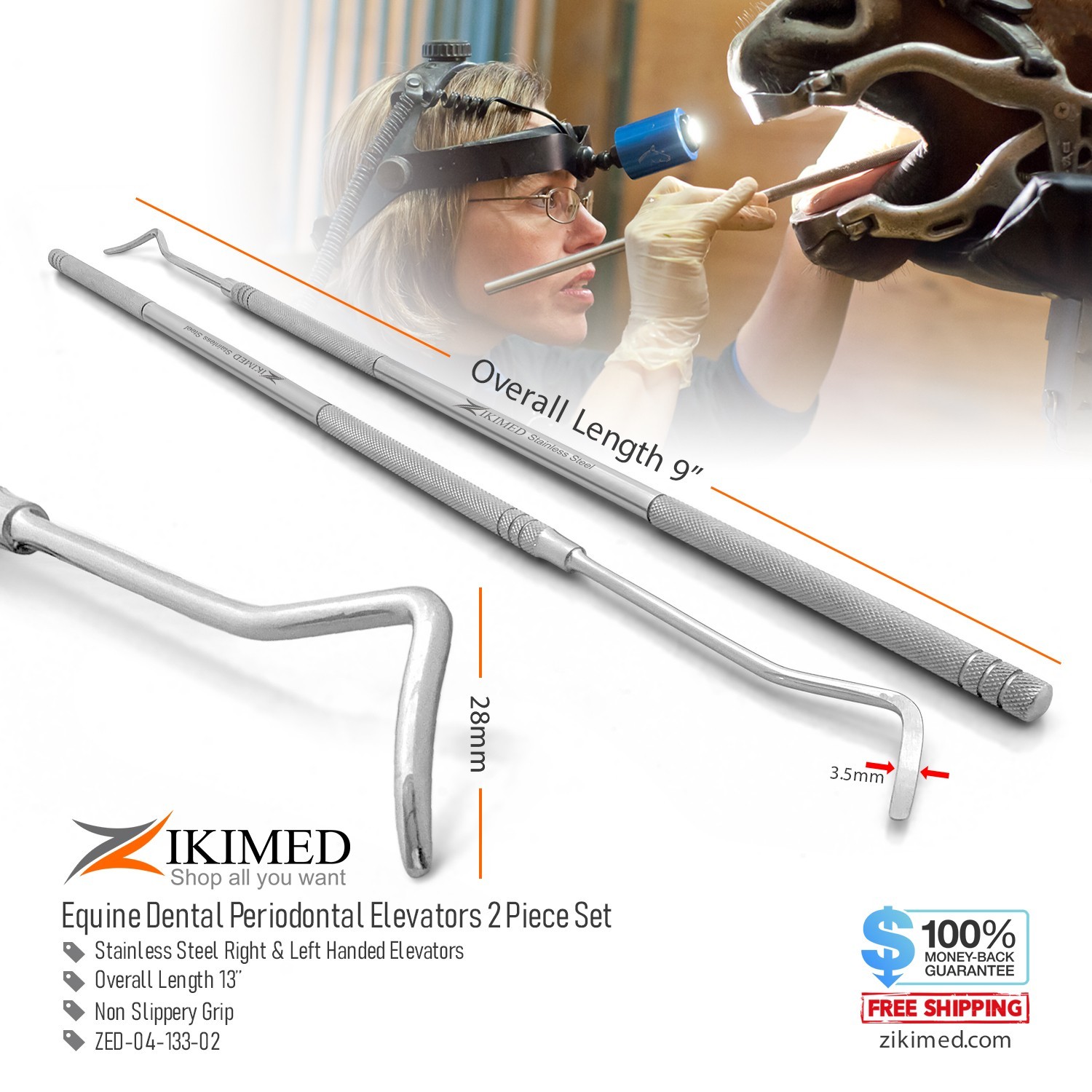 Equine Dental Gingival Elevator 2-pcs Set Stainless Steel 16.5" Long