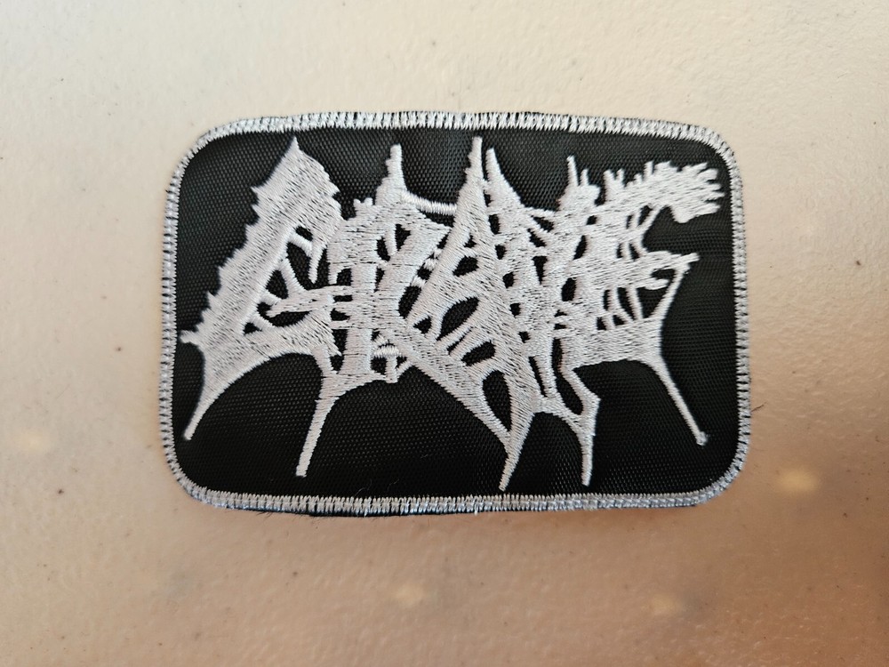 GRAVE,SEW ON WHITE WITH WHITE BORDER EMBROIDERED PATCH