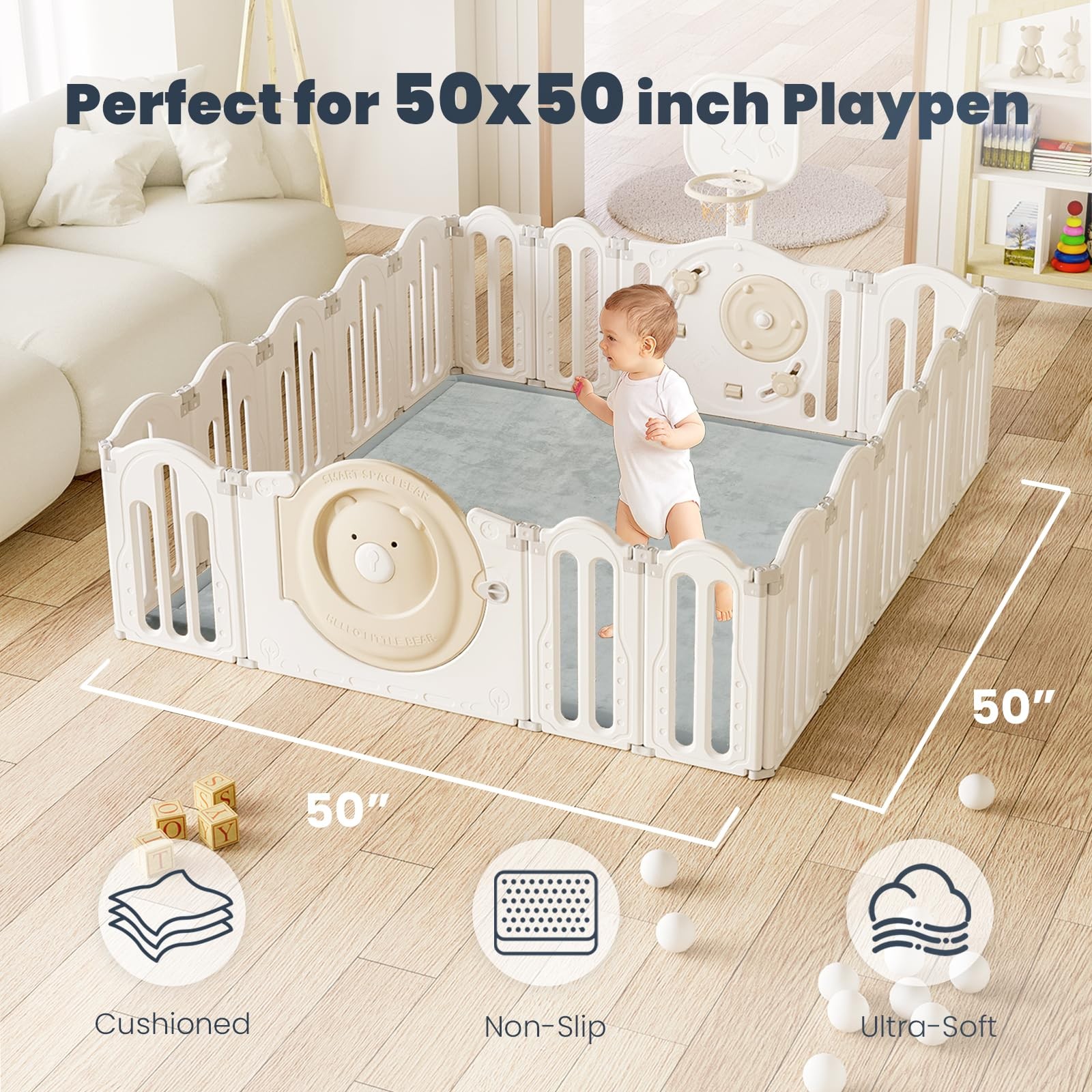 Baby Play Mat for Floor 1.3" Thick Memory Foam 50x50 Soft Velvet Playpen Mat ...