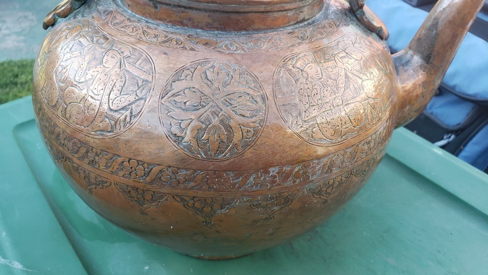 Antique Large Copper Silver Teapot Kettle Middle Eastern