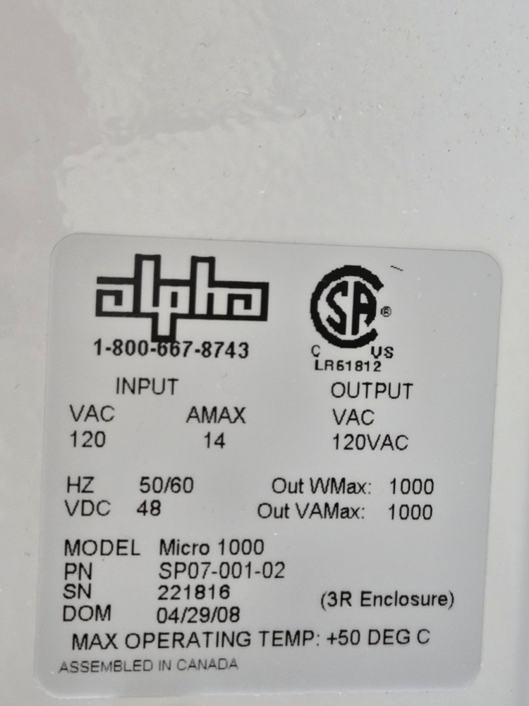 Alpha Technologies Micro 1000 UPS, 48VDC, 1000W, without batteries