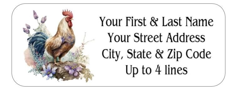 150 Primitive Rooster with Flowers Mailing Return Address Labels Personalized