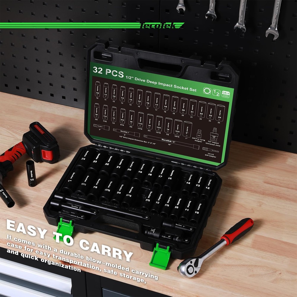TecoTek 1/2" Drive Deep 12-Point Impact Socket Set, 32-Piece SAE...