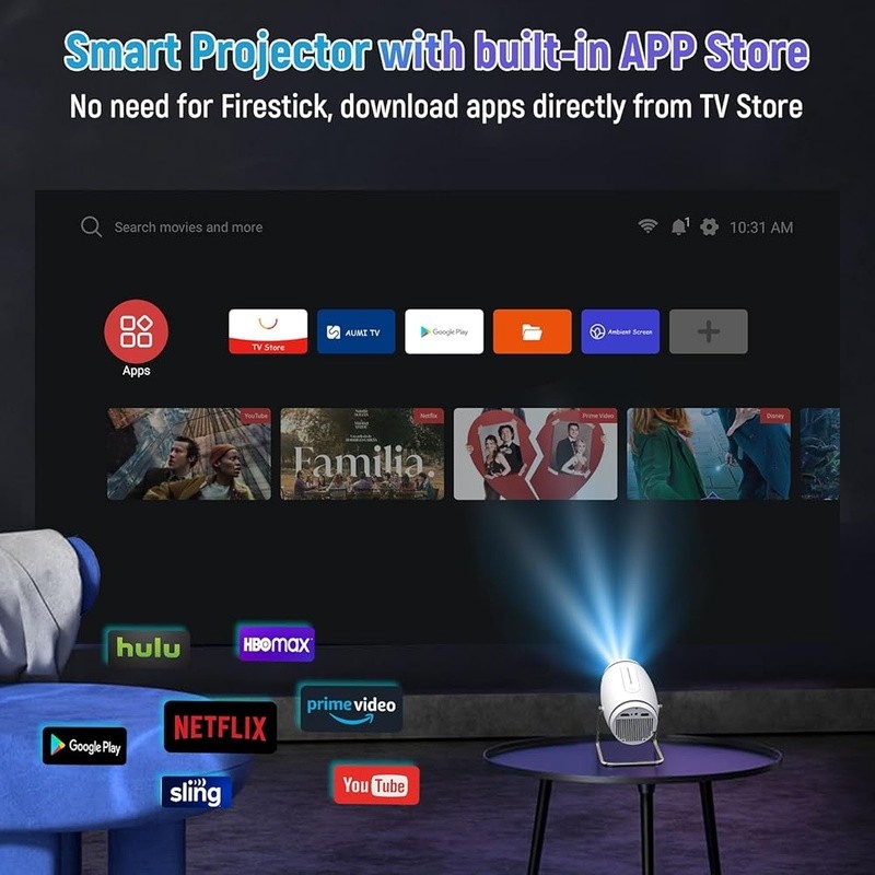 Smart Mini Projector 4K HD Built-in Apps WiFi Bluetooth Screen Mirroring New