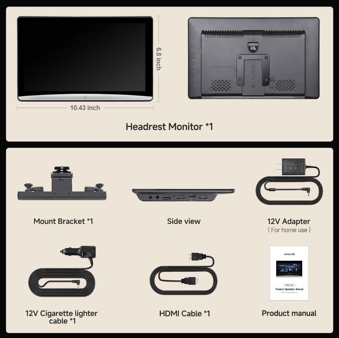 10.8-inch Android 13.0 Car TV Headrest Monitor for Car Back Seat WiFi, HDMI,