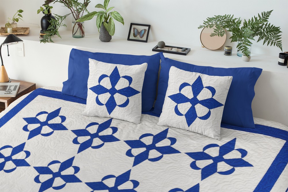 Hand Applique Blue and White Compass styled FINISHED QUILT