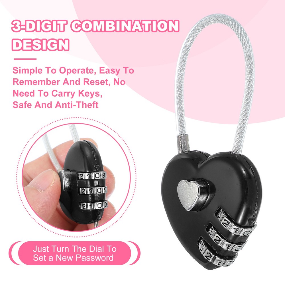 3 Pack Heart Padlock Heart Shape Love Lock Combination Lock Locker Locks Black