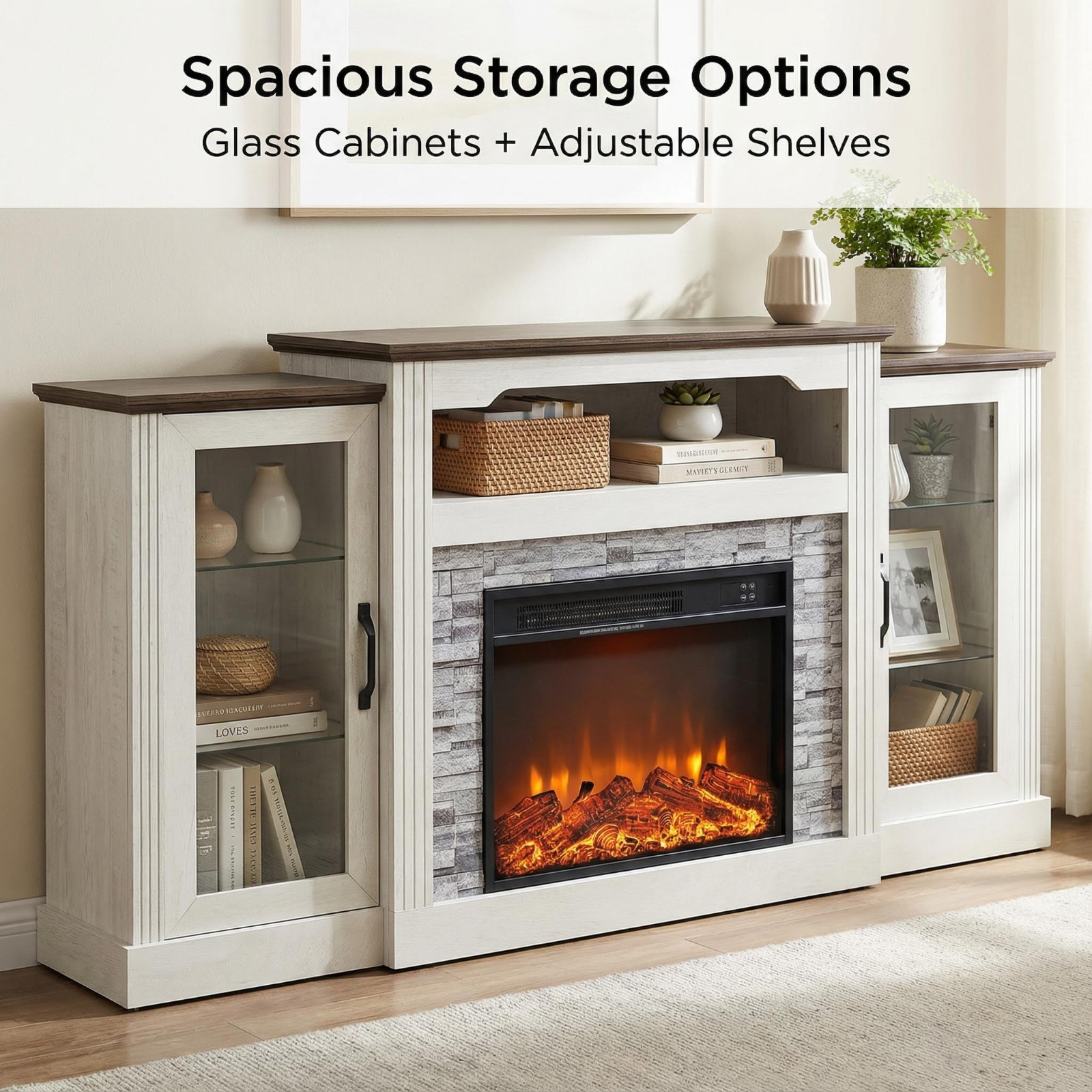 70” White Electric Fireplace TV Stand Glass Door Storage Cabinet for 65–75” TV