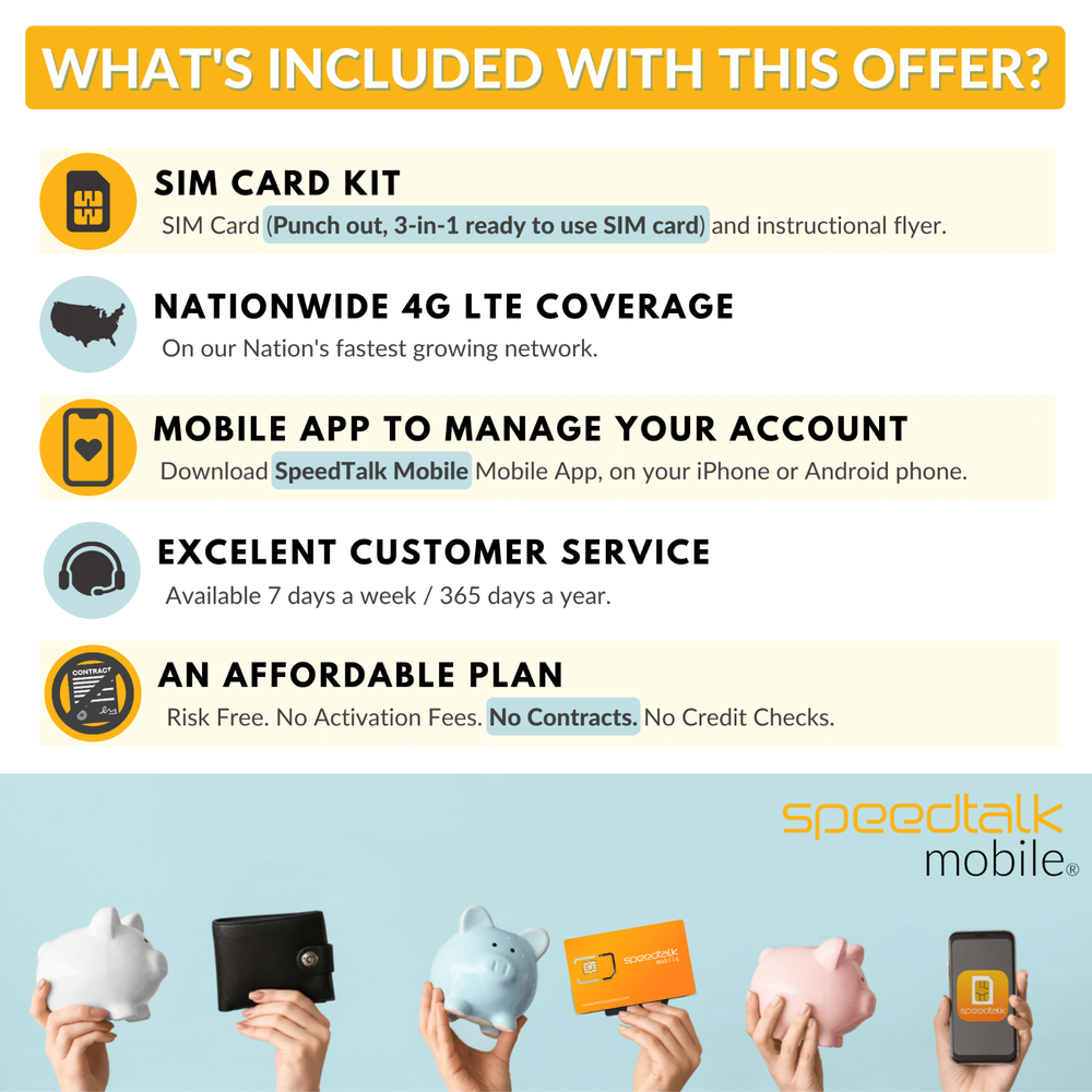 SpeedTalk 5G 4G GSM SIM Card Rollover Text Data Canada Mexico Roaming