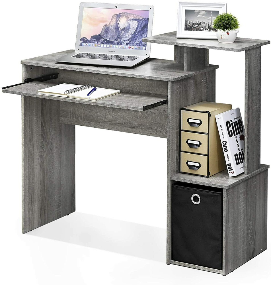 Gray Oak Finish Work Desk Storage Bin Laptop Computer Table Office Workstation