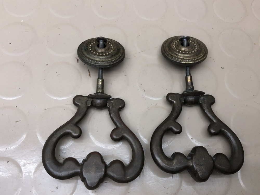 2 Antique-Bronze Large Heavy Drop Furniture Hardware Pulls Knobs w/Backplate