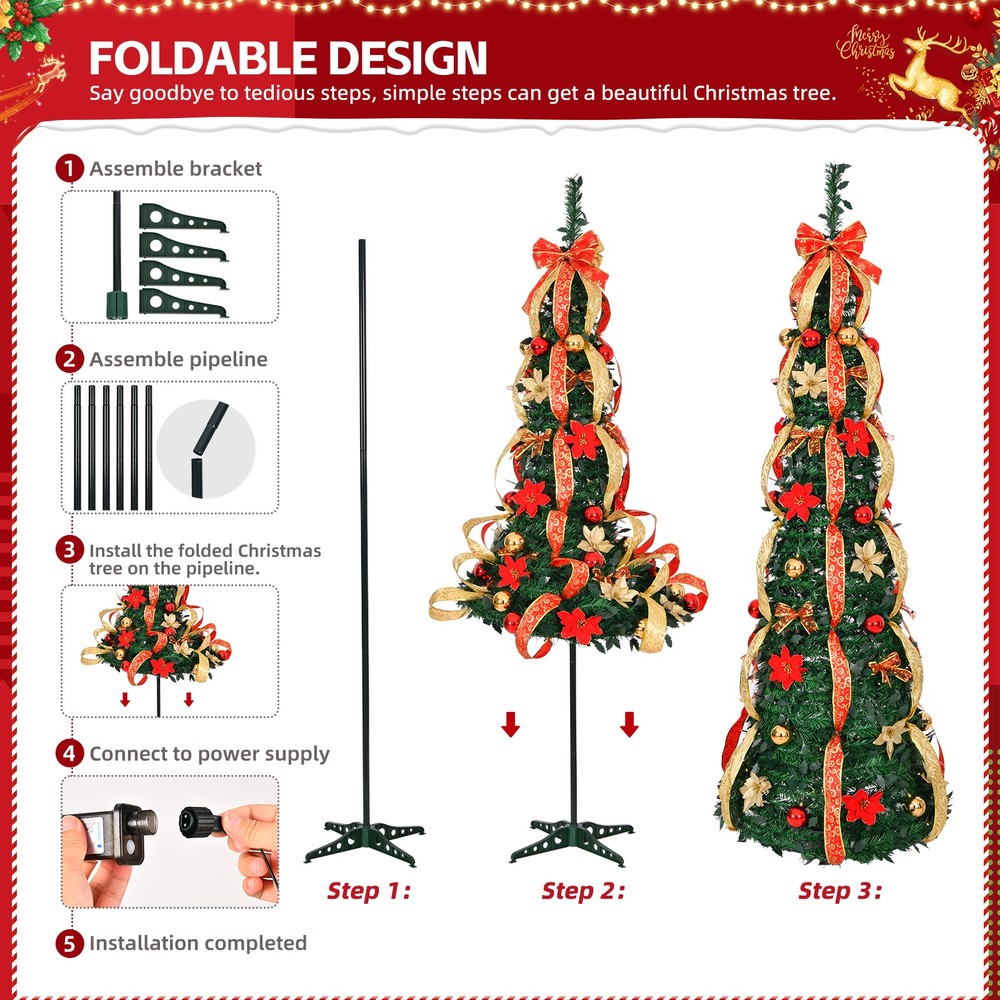 6 FT Fully Decorated Pre-lit Christmas Tree, Pop Up Artificial Xmas Tree