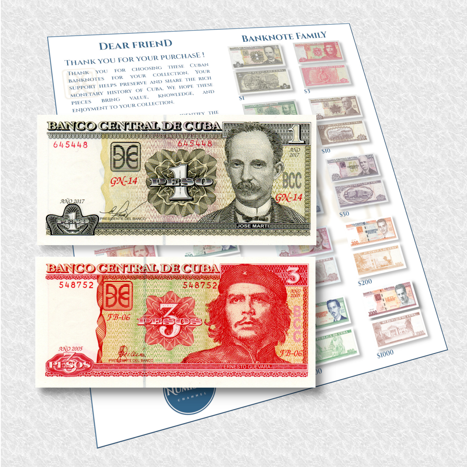 BCC 1 & 3 pesos UNC Banknote set and FREE Banknote Family Guide