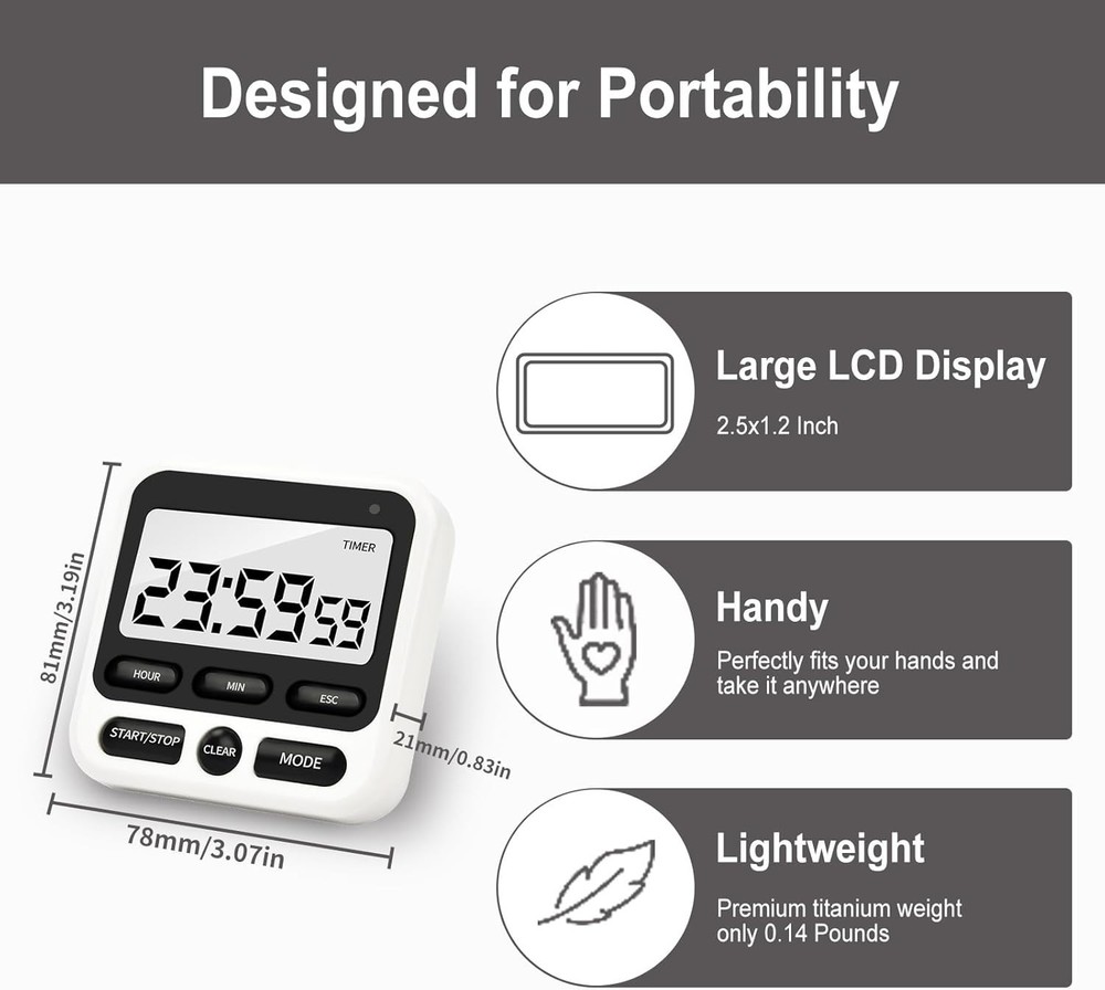 Digital Kitchen Timer with Mute/Loud Alarm,Count Up/Down, 24 Hour Clock for Kitc