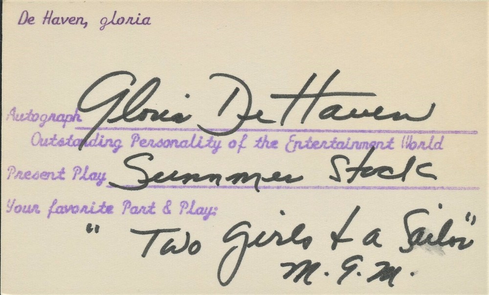 GLORIA DEHAVEN Autograph - 1965