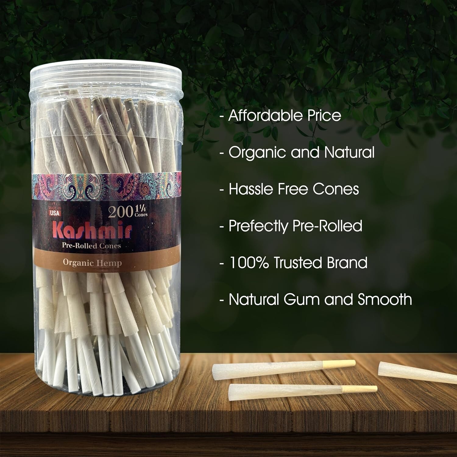 Kashmir Pre Rolled Cones 1 1/4 Size Smooth Organic Rolling Papers Cones - 200 Ct