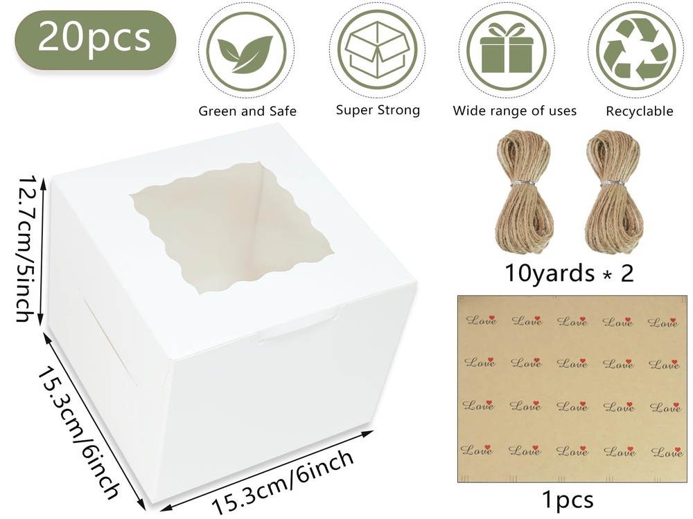 20 PCS Cake Boxes 6x6x5 Inch Bakery Boxes with Window White Cupcake Container