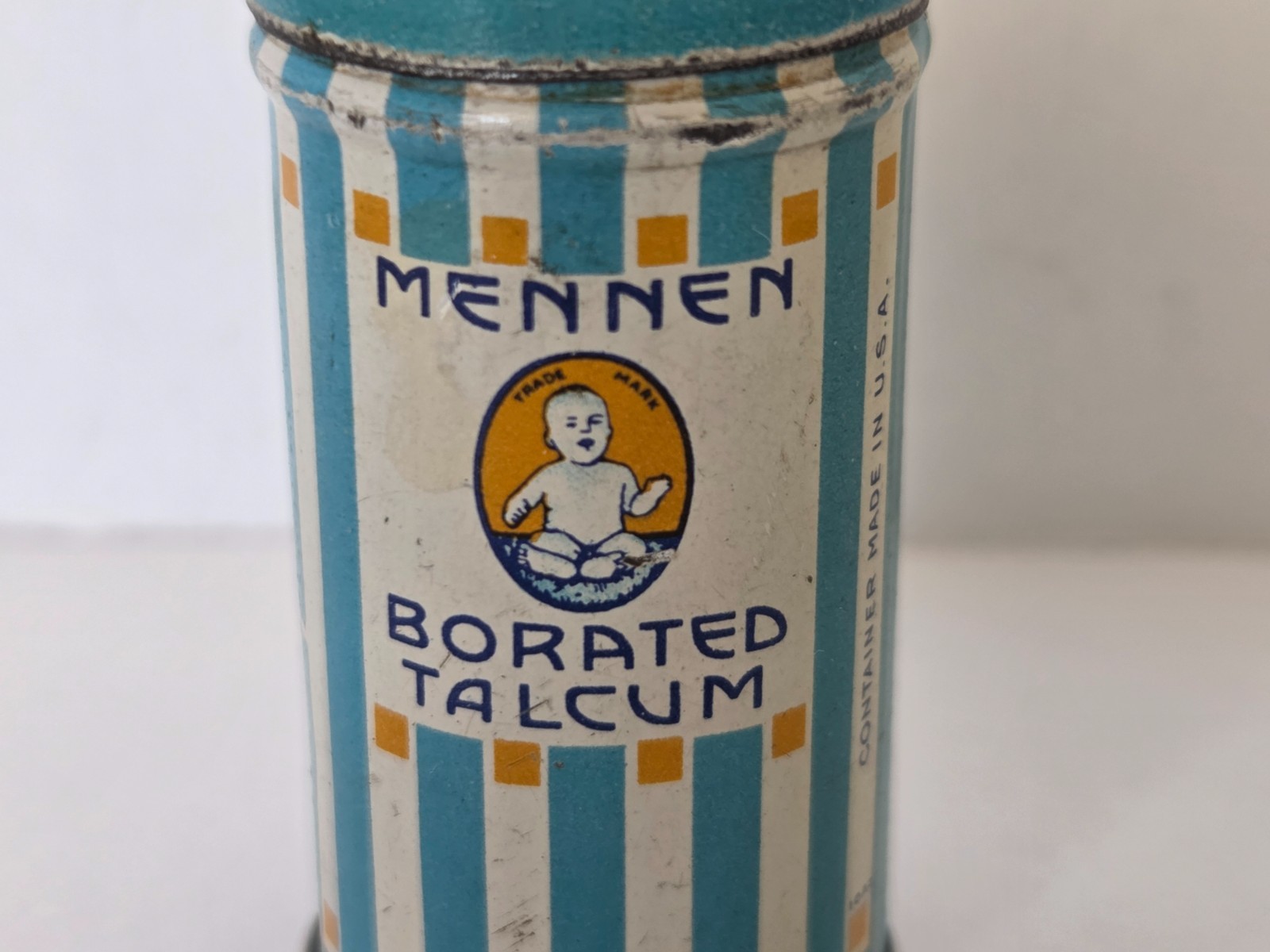Vintage Mennen Borated Talcum Tin Baby Powder USA Sample Size Advertising Empty