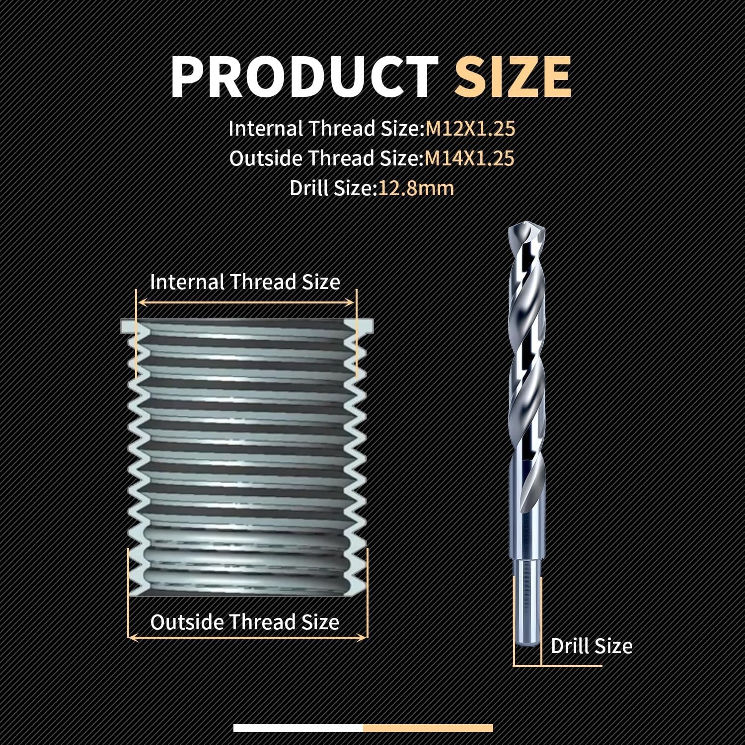 M12X1.25X15MM Thread Repair Kit with Insert HSS Drill, Tap, Counterbore, Install