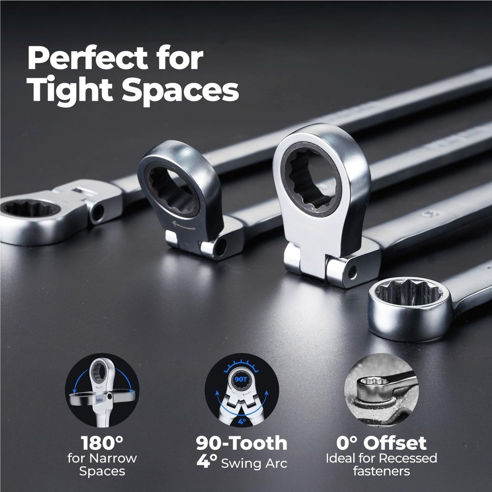 Extra Long Ratcheting Wrench, Flex Head & Fixed Offset Head Double End Combin...