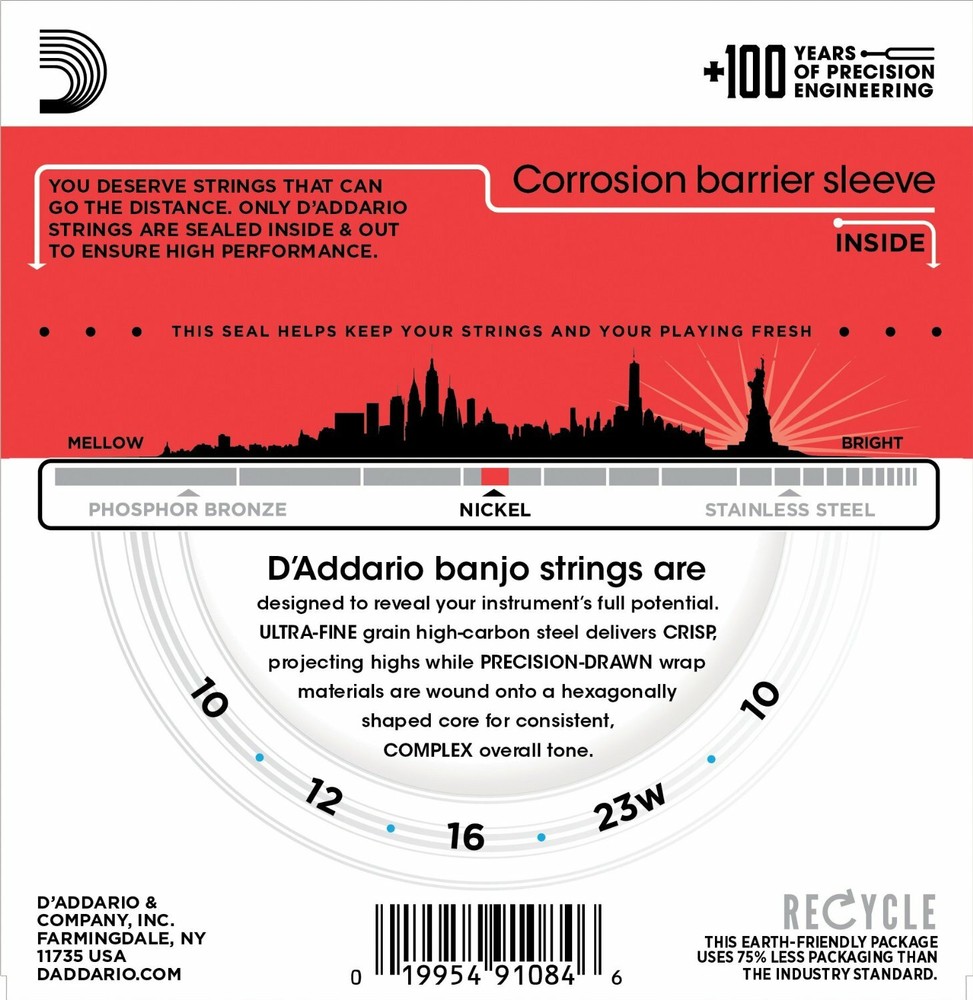 D'Addario EJ61 Nickel 5-String Banjo Strings, Medium, 10-23